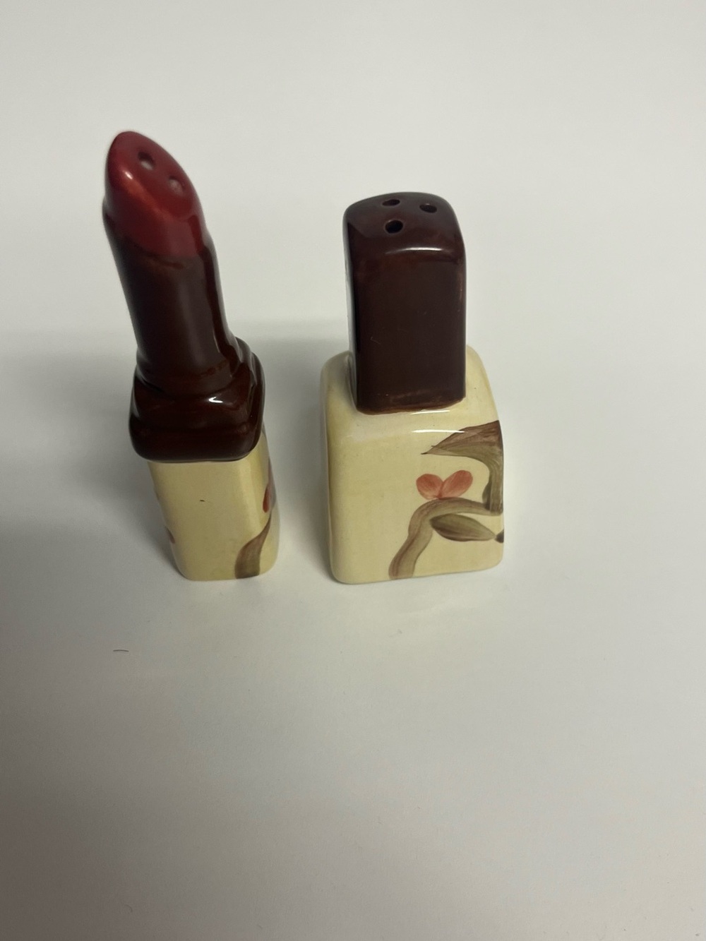 Vintage Ceramic Lipstick-Shaped Salt and Pepper Shakers - Cream and Brown